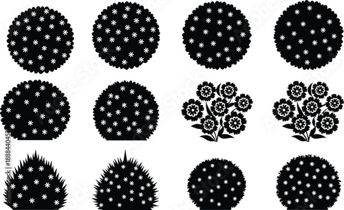 Collection of black silhouette icons featuring various garden bushes manicured shrubs and flowering plants isolated on white background for landscape architecture and garden design