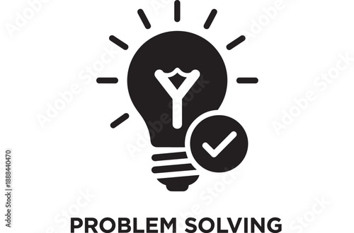 Black filled lightbulb icon with radiating lines and a checkmark in a circle, representing problem solving and successful ideas.