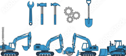 Collection of blue industrial construction machinery including various excavators and a bulldozer with matching hand tools like wrench hammer and shovel isolated on white background