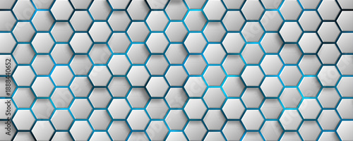 3D white hexagons with blue neon highlights for high tech background. Futuristic hexagonal structure for digital gaming interfaces or scientific presentation. Vector illustration.