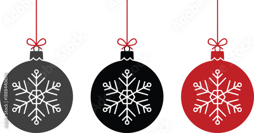 Christmas ball ornament set with snowflake design in black and red for festive holiday decoration vector illustration