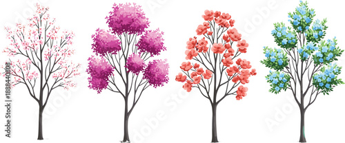 Collection of four hand drawn watercolor style blooming trees with colorful pink magenta orange and blue flowers isolated on white for spring garden landscape design