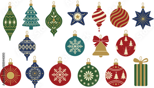 Christmas ornament collection with colorful traditional baubles stars bells and gift decorations for festive holiday branding vector illustration