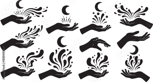 Hands releasing magical elements and celestial bodies freely