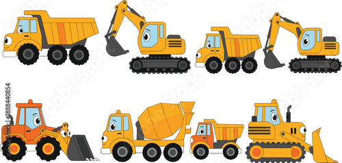 Collection of cute cartoon construction vehicles featuring happy dump trucks excavators bulldozer and cement mixer for kids educational materials and nursery wall art design decor