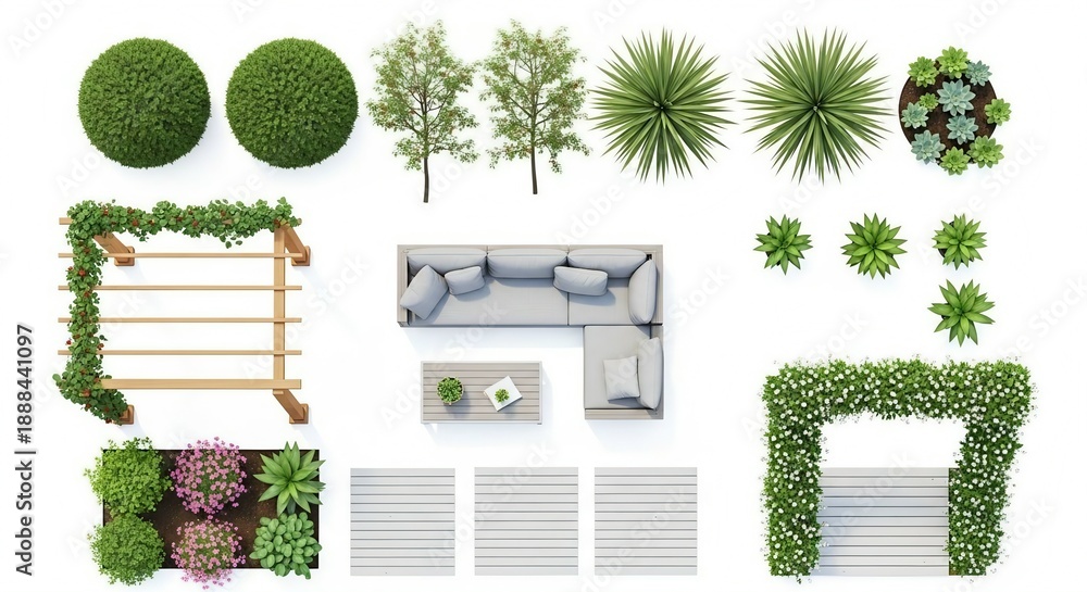 Fototapeta premium Diverse top view landscape elements: plants, outdoor furniture, and garden structures for design isolated on white background