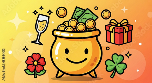 Cartoon pot of gold with coins cash gift and luck symbols on yellow orange background