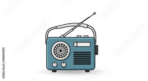Vintage blue radio with antenna on white background retro style illustration for music or broadcasting concepts