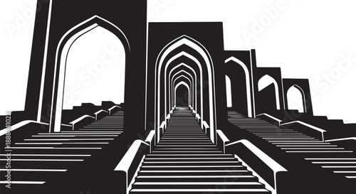 Monochromatic illustration of arches and stairs leading to distance