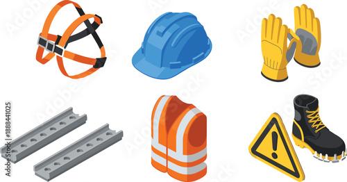 Collection of isometric safety gear icons featuring blue helmet orange reflective vest work gloves harness and heavy duty boots for industrial site occupational health security