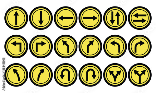 Yellow Circle Directional Arrow Icons Suite: Up Down Left Right Double Curved U-Turn Merge Split Navigation