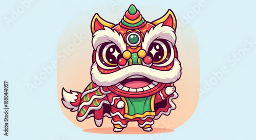 Vibrant cartoon lion dance performance costume character with colorful furry details and festive background