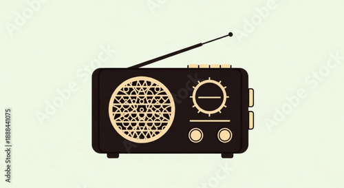 Vintage black and gold radio with antenna on pale green background old fashioned communication device