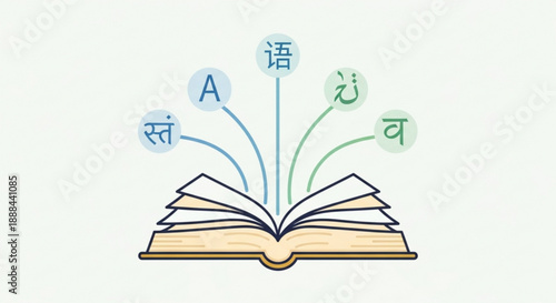 Open book with multilingual text and symbols emerging representing language learning and cultural exchange in education
