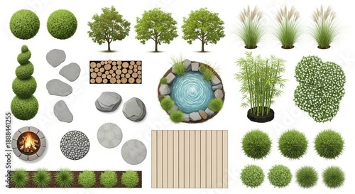 Landscape Design Set with Garden Pond Fire Pit and Topiary Trees