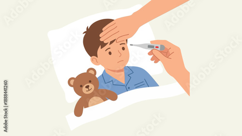Child Getting Fever Check from Digital Thermometer with Teddy Bear