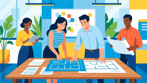 Collaborative Team Planning Meeting with Technical Blueprints