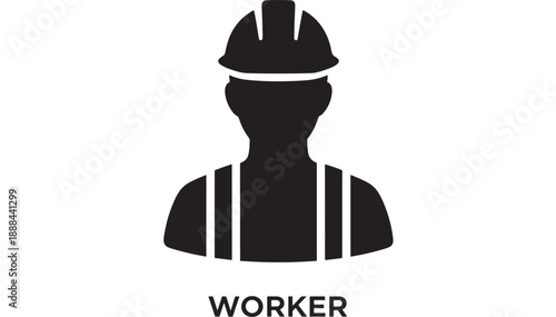 Black silhouette of a construction worker wearing a hard hat and suspenders, depicted in a simple flat design icon for industry and labor themes.