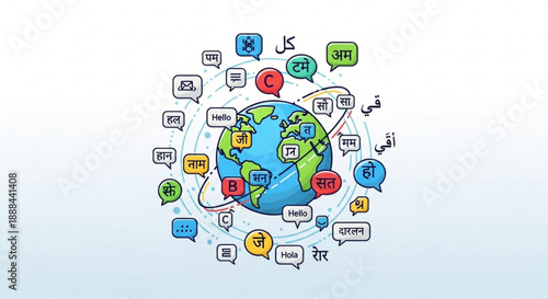 Global communication network with speech bubbles around the earth symbolizing international language diversity and connection