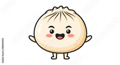 Cute cartoon dumpling character with smiling face and rosy cheeks standing alone on white background
