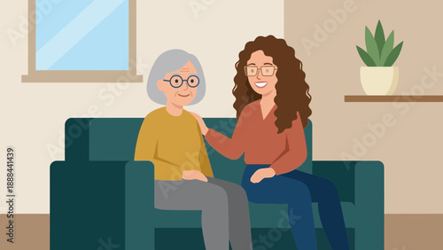 Elderly woman and young caregiver sharing heartfelt moment on sofa