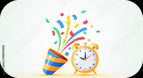 Vibrant party horn and alarm clock with colorful confetti explosion on white background symbolizing celebration and morning surprise