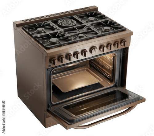 Copper gas stove with oven open kitchen isolated on a transparent background