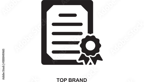 Black and white vector icon of a certificate with award ribbon, symbolizing achievement, quality, or recognition for a top brand.