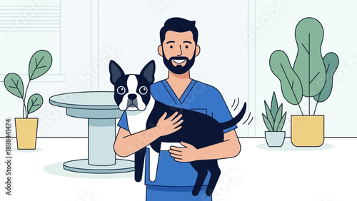 Friendly veterinarian holding a small dog in a modern clinic setting