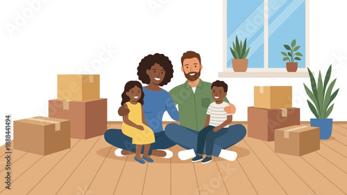 Happy Multiracial Family Sitting on the Floor with Moving Boxes at Home