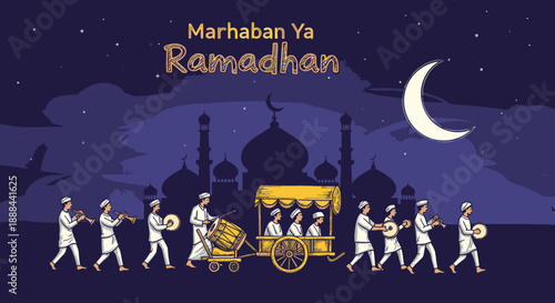 This vibrant illustration celebrates the holy month of Ramadan, depicting a traditional procession of musicians under a starry night.