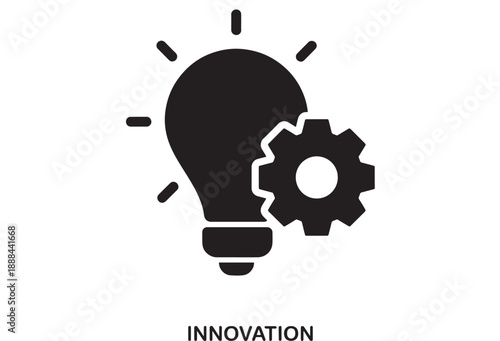 Black filled icon of a lightbulb with radiating lines next to a cogwheel, symbolizing innovation and ideas, on a white background.