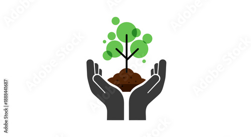 Two cupped hands gently holding a small green tree growing from a mound of soil.