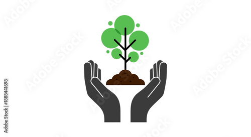 Two hands gently cradling a small green tree growing from a mound of soil.