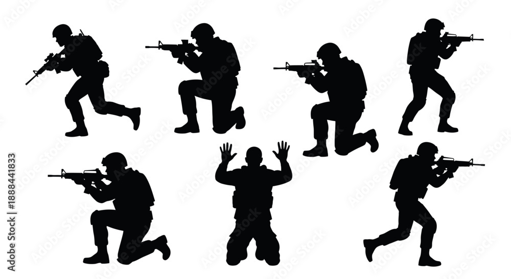 Φωτογραφία Silhouettes of Soldiers in Combat Poses: Running, Kneeling, Aiming, and Surrende