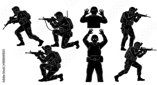 Collection of Soldier Silhouettes in Various Action Poses with Weapons