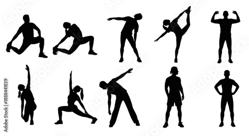Diverse Collection of Athletic Silhouettes Performing Various Stretches and Exercises