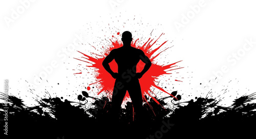 Silhouette of a Powerful Muscular Man with Red Splatter and Black Grunge Elements