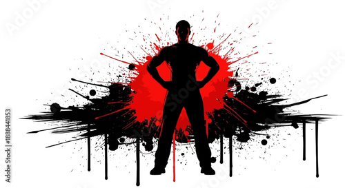 Silhouette of a Muscular Man Standing Confidently Amidst Red and Black Paint Splatters