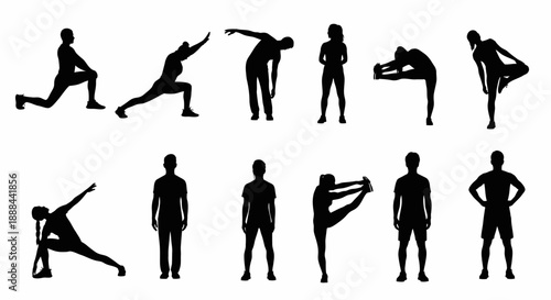 Silhouette Collection of People Performing Various Stretching and Exercise Poses
