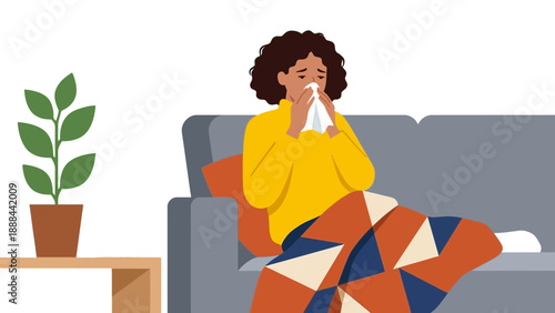 Young Woman Suffering from Cold Sneezing in Living Room