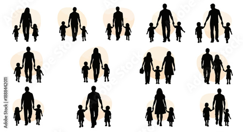 Diverse Family Silhouettes Walking Together Vector Illustration