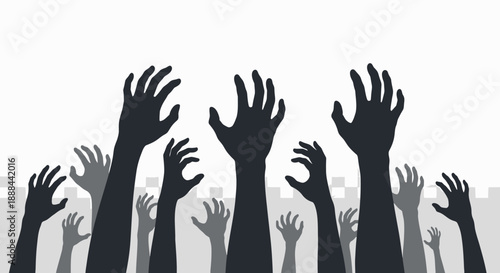 Silhouetted Hands Reaching Upwards in a Crowd Against a City Skyline Background