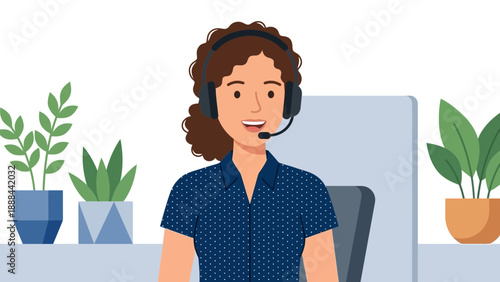Young Woman Wearing Headphones Working at Home Office