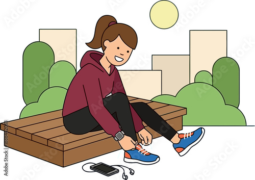 Young woman tying shoelaces outdoors in park setting