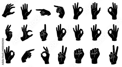 Diverse Hand Gestures and Symbols Collection, Vector Icons for Communication and Expression