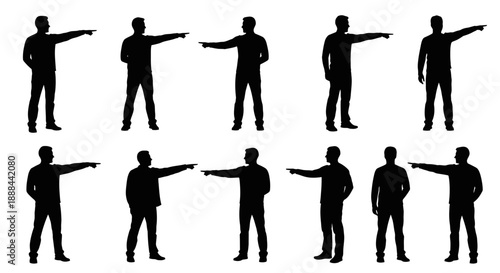 Collection of Male Silhouettes Pointing in Different Directions on White Background