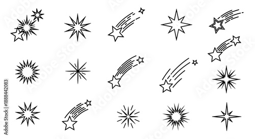 Collection of Star Icons and Shooting Star Graphics on White Background