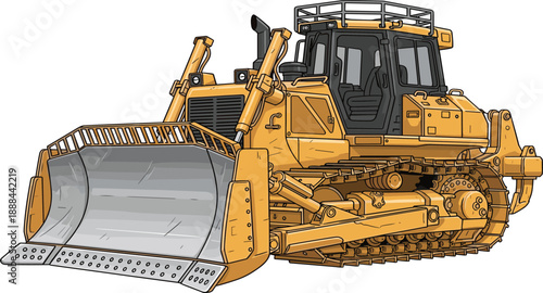 Large yellow hydraulic crawler bulldozer vector illustration with front metal blade and rear ripper for industrial construction site earthmoving and soil leveling isolated on white