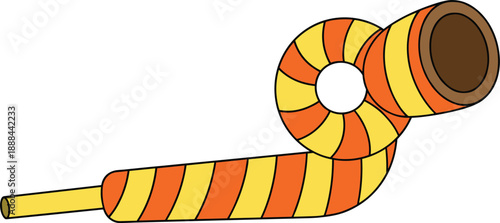 Colorful party blower noise maker illustration with yellow and orange stripes for birthday celebrations and festive events.